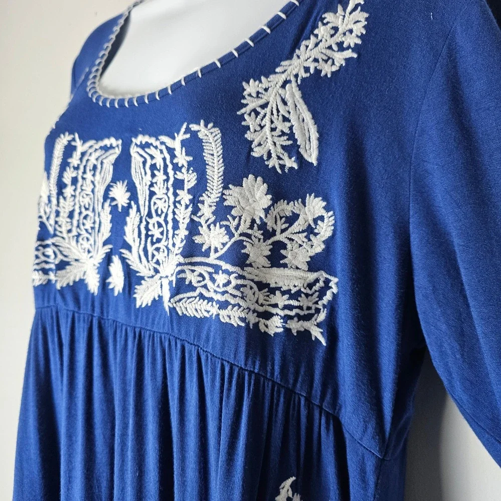 Chelsea Theodore Embroidered Blue Dress XL 3/4 Sleeve Empire Waist Boho Flowy - Picture 2 of 11